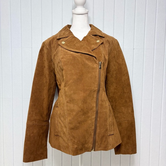 Isaac Mizrahi Leather Suede Motorcycle Moto Jacket Brown Gold Size 12 - Picture 13 of 13